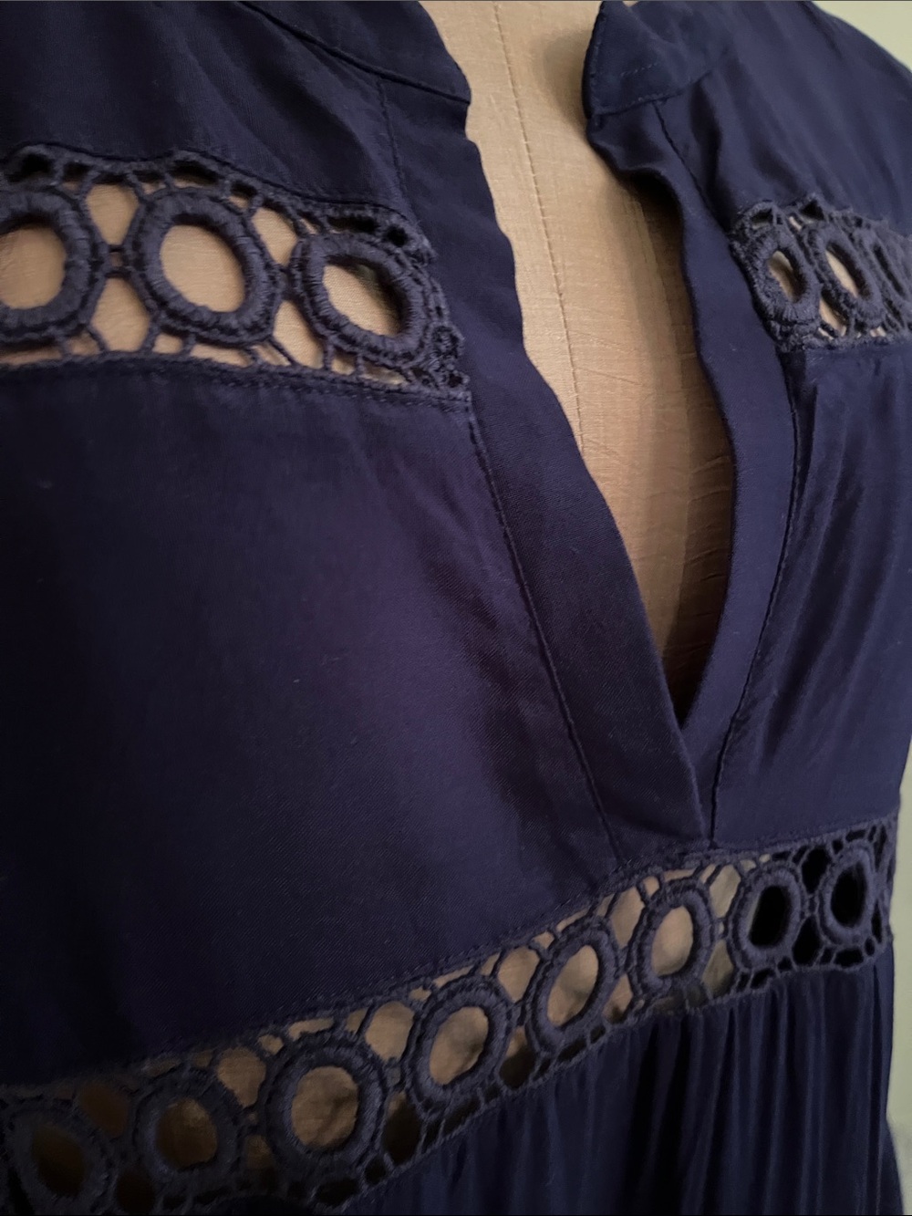 LASCANA for VENUS Resort Beach Summer Dark Navy Lace-Inset Tiered Mini Dress s - Picture 5 of 16